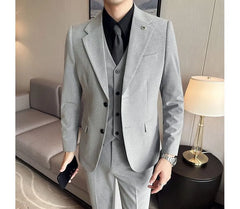 Set: Lapel Collared Single Breasted Blazer + Button Vest + Mid Rise Dress Pants