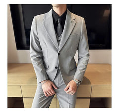 Set: Lapel Collared Single Breasted Blazer + Button Vest + Mid Rise Dress Pants