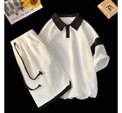 Set: Short-Sleeve Two Tone Panel Polo Shirt + Drawstring Waist Sweat Shorts