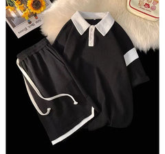 Set: Short-Sleeve Two Tone Panel Polo Shirt + Drawstring Waist Sweat Shorts