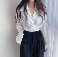 Long-Sleeve Plain Button-Up Wrap Crop Shirt