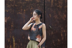 Mid Waist Plain Cropped Baggy Ramie Pants
