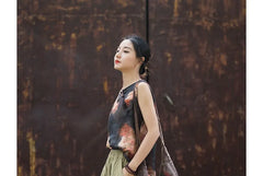 Mid Waist Plain Cropped Baggy Ramie Pants