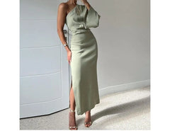 Long-Sleeve One-Shoulder Plain Slit Midi Sheath Dress