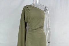Long-Sleeve One-Shoulder Plain Slit Midi Sheath Dress