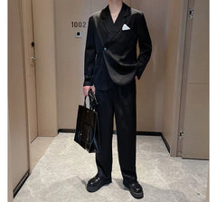 Set: Plain Asymmetrical Double-Breasted Blazer + Drawstring Waist Loose Fit Pants