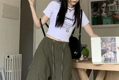 High Rise Plain Wide Leg Cargo Pants / Short-Sleeve Crop T-Shirt