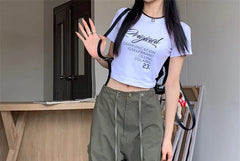 High Rise Plain Wide Leg Cargo Pants / Short-Sleeve Crop T-Shirt
