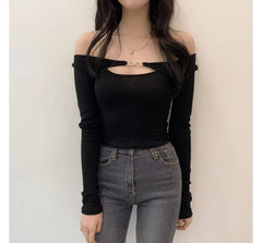 Set: Long-Sleeve Shrug + Halter Neck Plain Crop Top