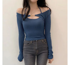 Set: Long-Sleeve Shrug + Halter Neck Plain Crop Top