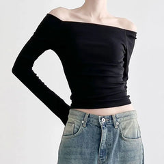 Long Sleeve Off-Shoulder Plain Slim-Fit Top