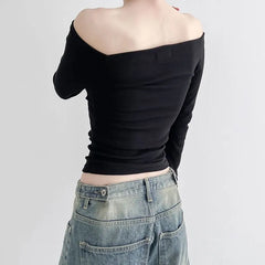 Long Sleeve Off-Shoulder Plain Slim-Fit Top