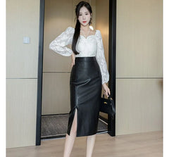 High Rise Plain Slit Faux Leather Midi Pencil Skirt