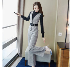 Long-Sleeve Mock Neck Striped T-Shirt / Sleeveless V-Neck Jumpsuit / Set