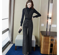 Long-Sleeve Mock Neck Striped T-Shirt / Sleeveless V-Neck Jumpsuit / Set