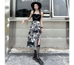 High Rise Tie Dye Chain Accent Slit Midi Pencil Skirt