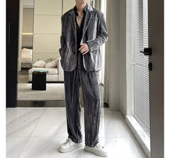 Set: Plain Single-Breasted Blazer + Mid Rise Wide Leg Pants
