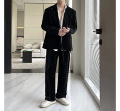 Set: Plain Single-Breasted Blazer + Mid Rise Wide Leg Pants