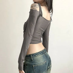 Long Sleeve Tie-Strap Off-Shoulder Plain Mesh  Crop Top