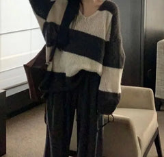 Long-Sleeve V-Neck Striped Sweater / High Rise Plain Wide Leg Pants