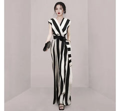 Sleeveless V-Neck Striped Wide Leg Wrap Jumpsuit