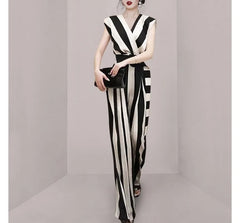 Sleeveless V-Neck Striped Wide Leg Wrap Jumpsuit