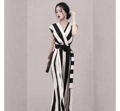 Sleeveless V-Neck Striped Wide Leg Wrap Jumpsuit