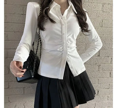 Long-Sleeve Plain Ruched Button-Up Slim Fit Shirt / High Rise Pleated Mini A-Line Skirt