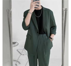 Set: 3/4-Sleeve One-Buttoned Blazer + High Waist Straight Leg Dress Pants