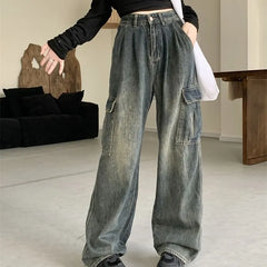 High Rise Washed Wide Leg Cargo Jeans