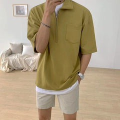 Short-Sleeve Plain Half-Zip Polo Shirt