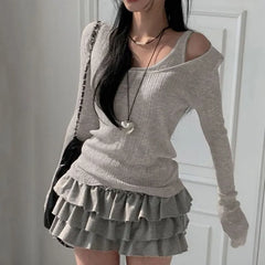 Set: Long-Sleeve Scoop Neck Plain Ribbed T-Shirt + Tank Top