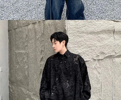Long-Sleeve Asymmetrical Jacquard Mesh Button-Up Shirt