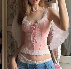 Square-Neck Lace Panel Tie-Up Corset Tank Top