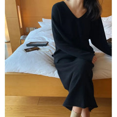 Set: V-Neck Plain Sweater + High Waist Midi Pencil Knit Skirt