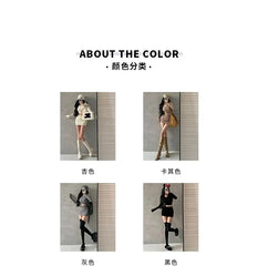 Long-Sleeve V-Neck Plain Knit Top / High Waist Plain Mini Pencil Skirt