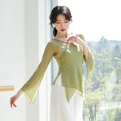 Flared-Sleeve V-Neck Plain Asymmetrical Dance Top