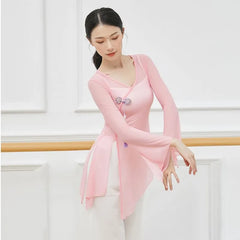 Flared-Sleeve Plain Asymmetrical Dance Top