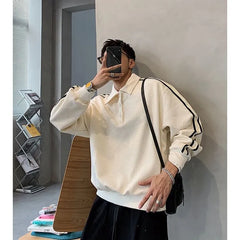 Long-Sleeve Stripe Trim Polo-Neck Sweatshirt
