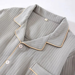 Pajama Set: Plain Contrast Trim Shirt + Pants