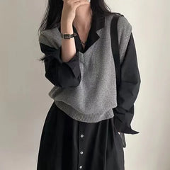 Long-Sleeve Notch Lapel Plain Midi Shirt Dress / V-Neck Sweater Vest