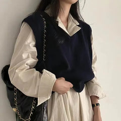 Long-Sleeve Notch Lapel Plain Midi Shirt Dress / V-Neck Sweater Vest