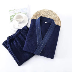 Pajama Set: Plain Long-Sleeve Plain Contrast Trim Kimono Top + Pants