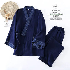 Pajama Set: Plain Long-Sleeve Plain Contrast Trim Kimono Top + Pants