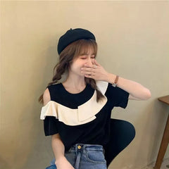 Cold-Shoulder Two-Tone Ruffled Blouse