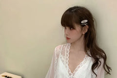 Pajama Set: Spaghetti Strap V-Neck Plain Ruffle Panel Nightdress + V-Neck Panel Lace Midi Tie Front Robe