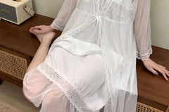Pajama Set: Spaghetti Strap V-Neck Plain Ruffle Panel Nightdress + V-Neck Panel Lace Midi Tie Front Robe