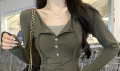 Long-Sleeve Henley Two Tone Mock Two-Piece T-Shirt
