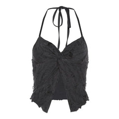 Halter-Neck Distressed Twisted Open-Back Slit Crop Camisole Top
