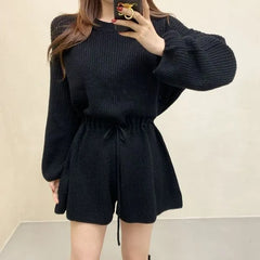 Long-Sleeve Crewneck Knit Wide Leg Romper